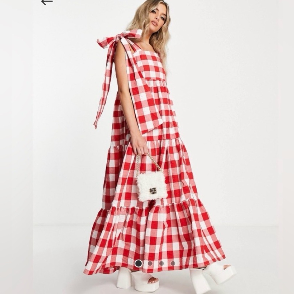 Sister Jane Red & White Gingham Maxi Dress with Shoulder Tie